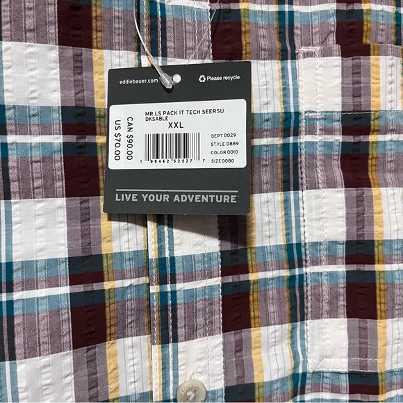 Eddie Bauer UPF 40 MR Long-Sleeve Pack It Tech Seersucker Dk Sable Size XXL - Picture 10 of 12